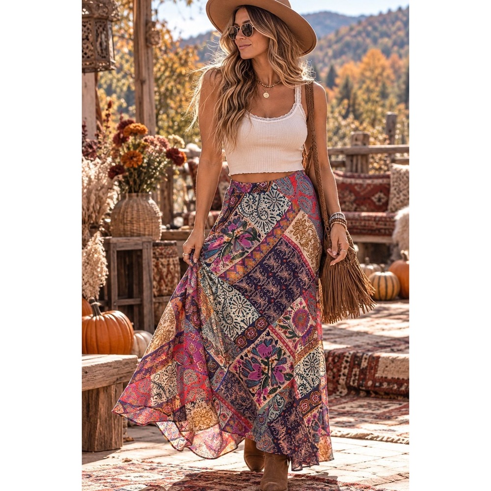 Natural Life Patchwork Boho Floral Maxi Skirt – Size S